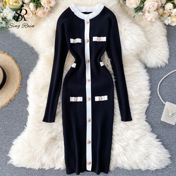 

women knitted sheath dress autumn office bodycon kniting dress casual winter elastic o neck button retro sweater dress, Black;gray
