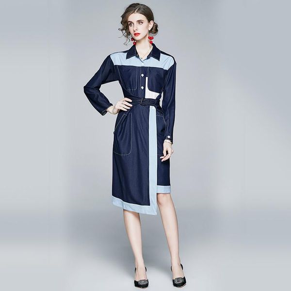 

casual dresses high street fashion turn down collar color block loose shirt denim dress women spring clothes elegant asymmetrical vestidos, Black;gray