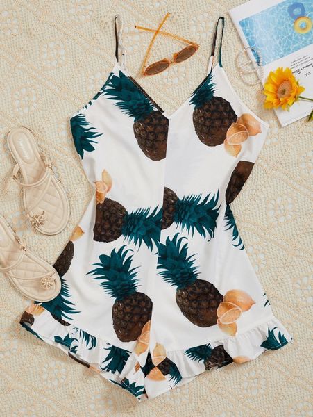 

plus pineapple & lemon print ruffle trim cami romper 77au#, Black