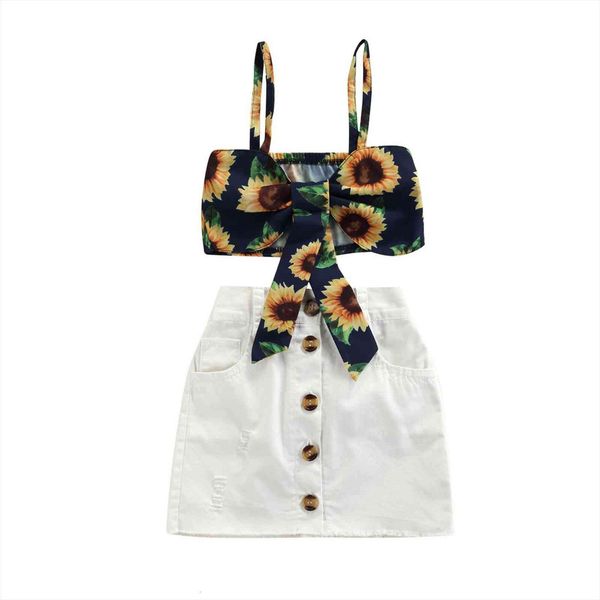 

summer fashion kids girls clothes sets 1 6y sunflowers printed strap sleeveless bow vest solid a line skirts, White