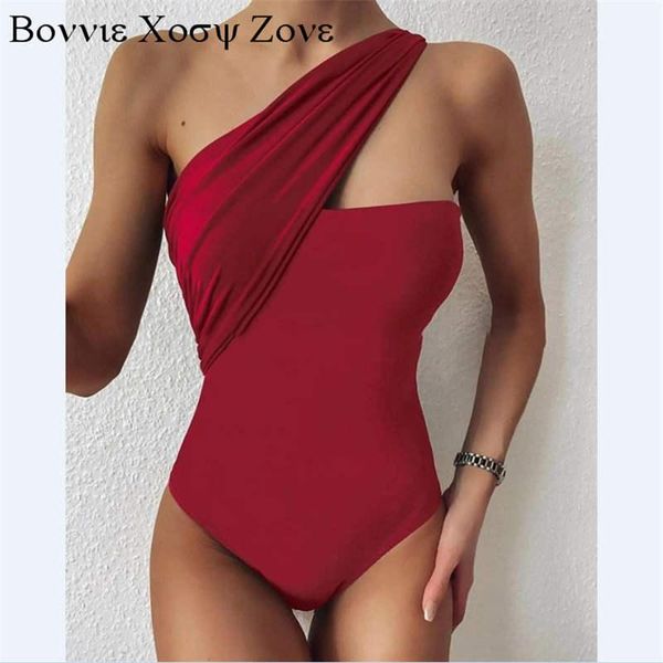 

women sleeveless solid one shoulder skinny one-piece plain swimwear