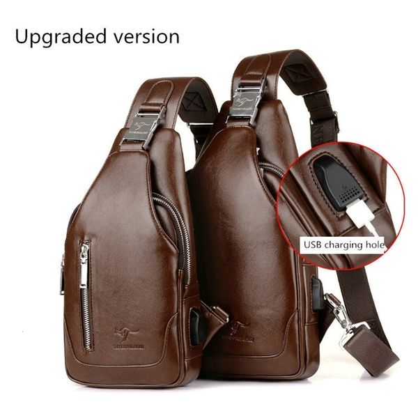 

2019 vintage cowhide men's chest bag leisure fashion vintage solid color belt bag with usb charging hole