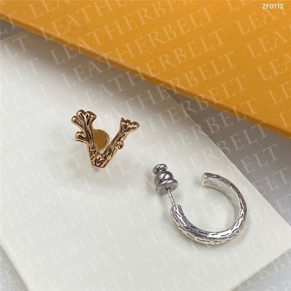 

retro ear stud women asymmetric earrings charm letter pattern stud daily wear two color earring, Golden
