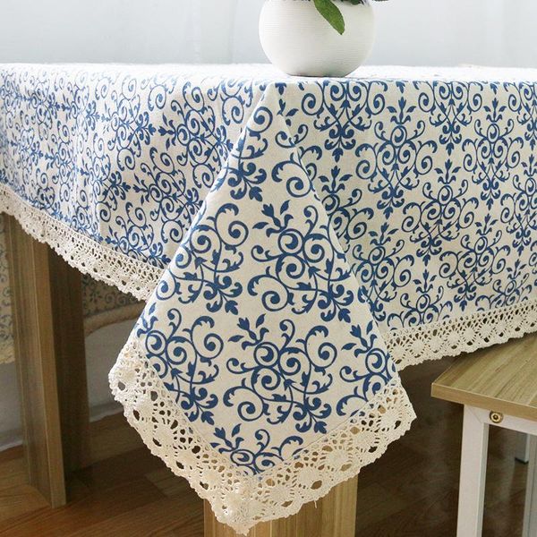 

retro linen cotton tablecloth washable coffee dinner blue and white porcelain table cloth for christmas wedding banquet
