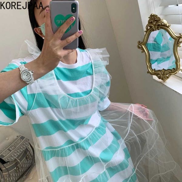 Korejpaa Frauen Sets Sommer Koreanische Altersreduzierung Westlichen Stil Lose Gestreiften T-Shirt Rock Netz Gaze Puffy Holzohren Kleid 210526