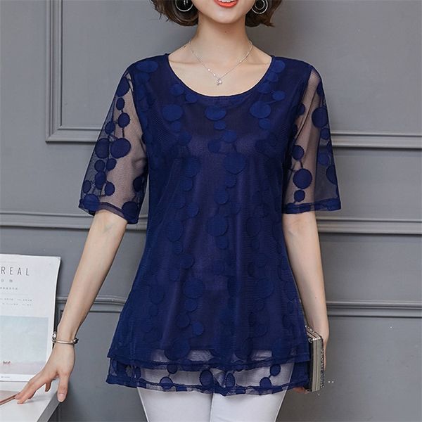 

long lace shirt plus size l-5xl dot women short sleeve blouse shirts chiffon women mesh transparent feminine blusa 911i 21302, White