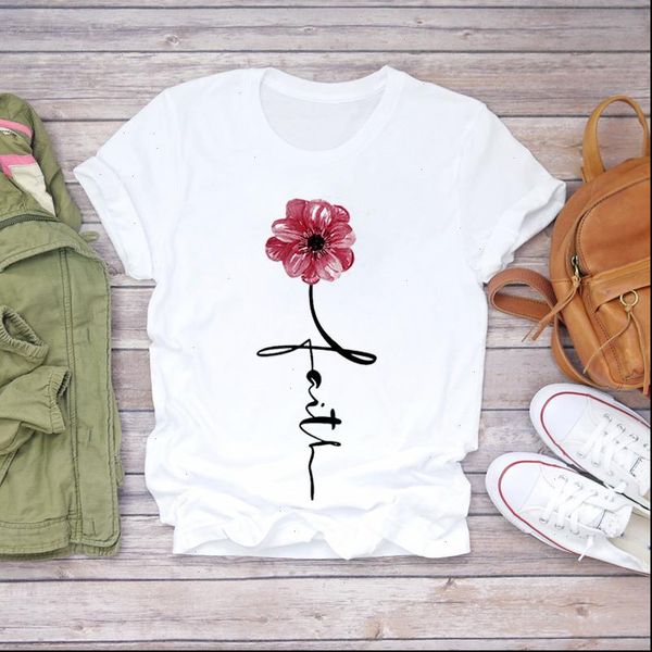 

women t shirts flower letter faith short sleeve cute 90s short sleeve print lady womens graphic shirt female tee t shirt, White