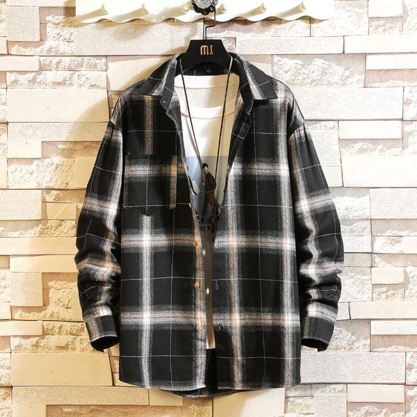 

men's casual shirts japanese plaid shirt long-sleeved trend student jacket loose large size men, White;black