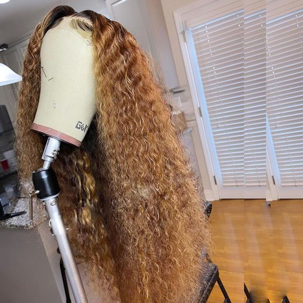 

lace wigs highlight colored middle part for women remy human hair deep curly wig pre plucked hairline, Black;brown