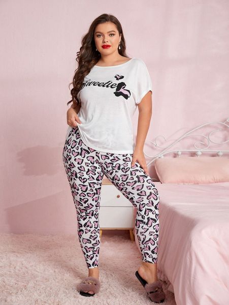 

plus letter & heart print tee and pants pajama set f01f#, Black;white
