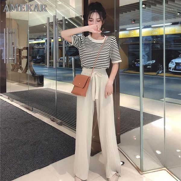 

women's tracksuits korean style short sleeve knitted two peice suit women o-neck pullovers and solid high waist wide leg pants summer s, Gray
