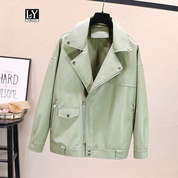 

ly varey lin autumn women faux soft leather pu jacket loose black punk coat turndown collar moto biker rivet zipper outerwear 210526