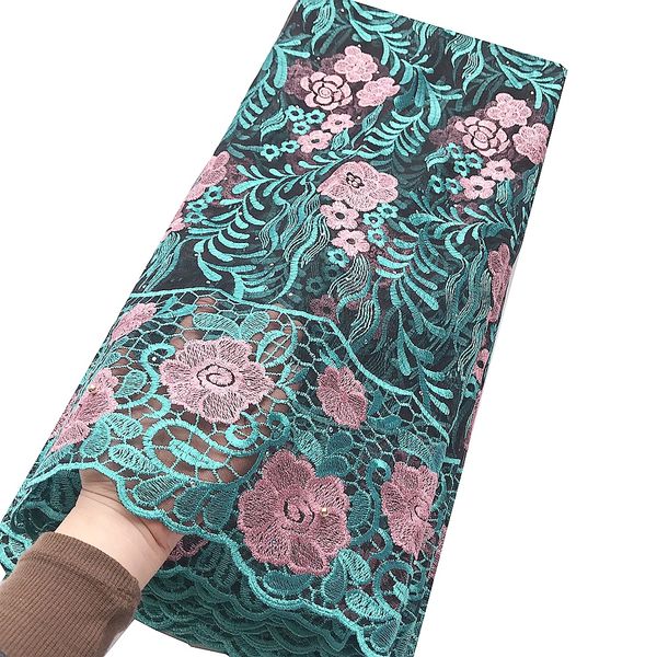 

teal beaded french lace tulle fabric with stones 5 yards embroidered mesh fabrics 2021 african laces gold pink cord, Black;white