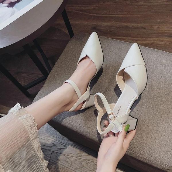 

dress shoes elegant sandals women genuine calfskin leather pointed toe buckle strap summer ladies high heel pumps, Black