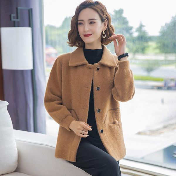 

women's wool & blends mom's autumn and winter imitation mink coat middle-aged elderly knitted cardigan 2021 lapel trend, Black