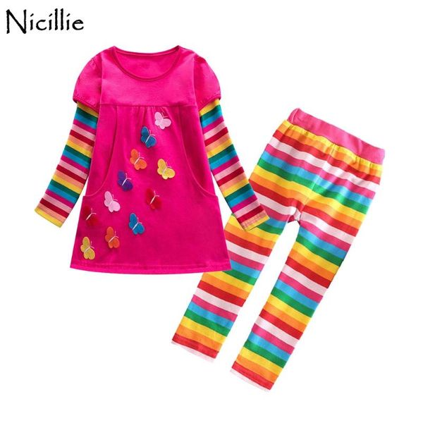 

nicillie baby girl two piece sets girl star butterfly cotton dress and striped pants kids autumn spring clothing sets for girls, White