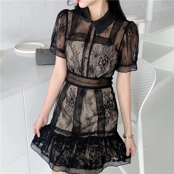 

2021 new mesh mini women elegant ladies turn-down collar shirt party dress summer short sleeve dresses rq7a, Black;gray