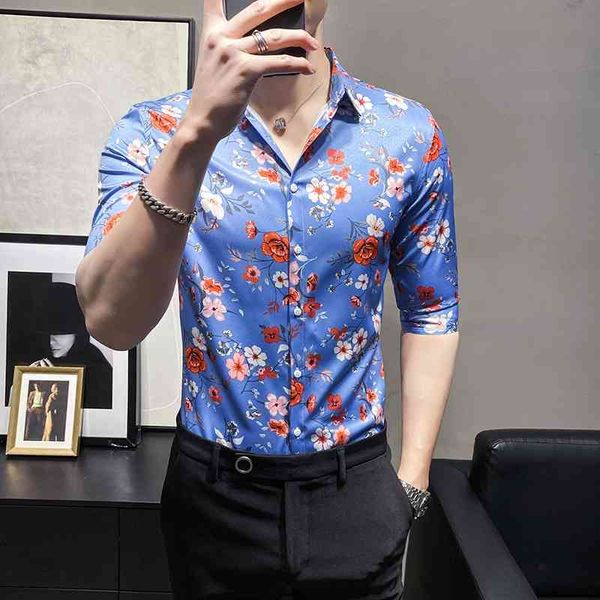 

flower shirts men summer short sleeve slim fit casual shirt beach holiday shirts slim fit streetwear social party blouse 210527, White;black
