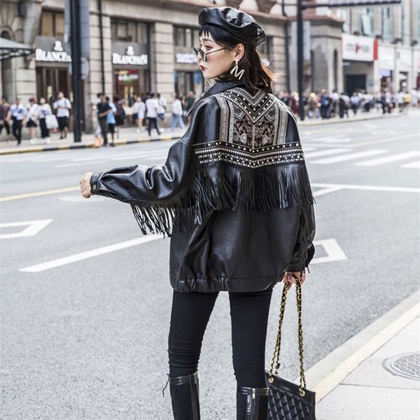 

black embroidery rivet tassel faux leather plus size women outwear motorcycle biker jacket ladies pu coat cool streetwear 8ewt