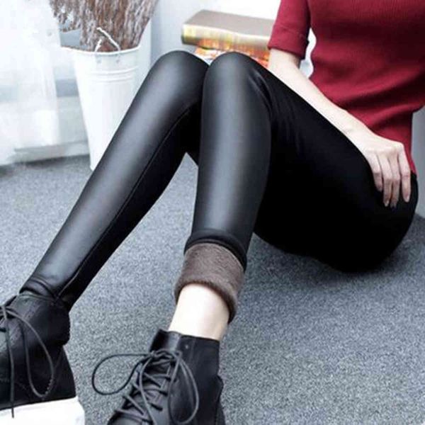

leggings plush thickened women wear thin high waist large tight elastic matte in winter, Black