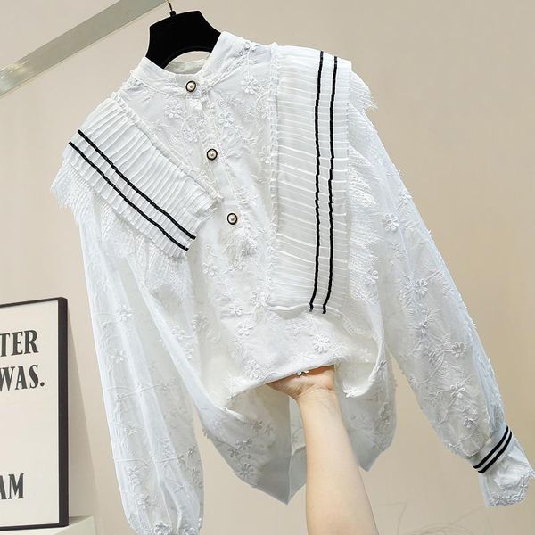 

women's blouses & shirts office lady shirt flare sleeve stringy selvedge embroidery stand collar patched bouffancy white blouse women