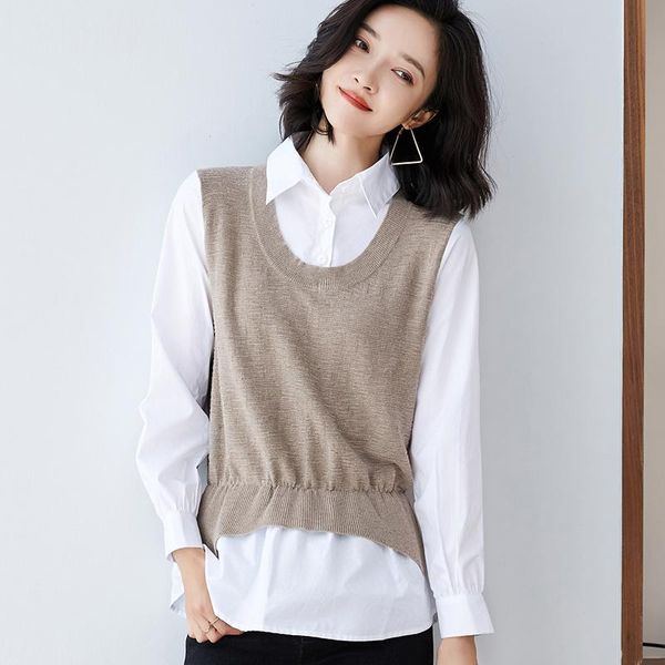 

women's sweaters women patchwork wool sweater shirt 2021 autumn turn-down collar knitted pullovers winter lady cashmere, White;black