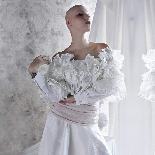 

women's blouses & shirts superaen slash neck solid white 2021 summer sweet pleated design off shoulder full shirt