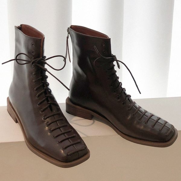 

womens genuine leather cross strap lace up back zip square toe flats autumn warm plush ankle boots boots shoes platform boots chel a2yp#, Black