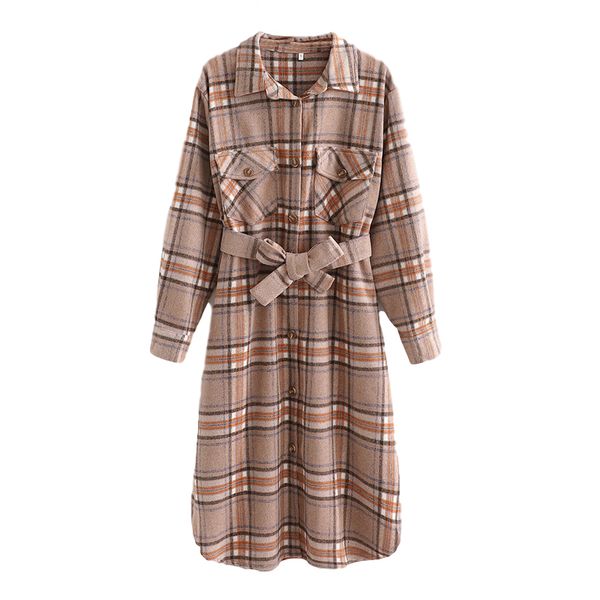 

2021 new women woolen plaid overcoat fashion ladies pocket long jacket causal female chic sashes coat ksgs, Black;brown