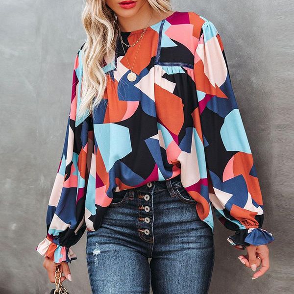 

women's blouses & shirts 2021 blouse women autumn floral print ruffle full sleeve spring round neck casual loose harajuku office ladies, White
