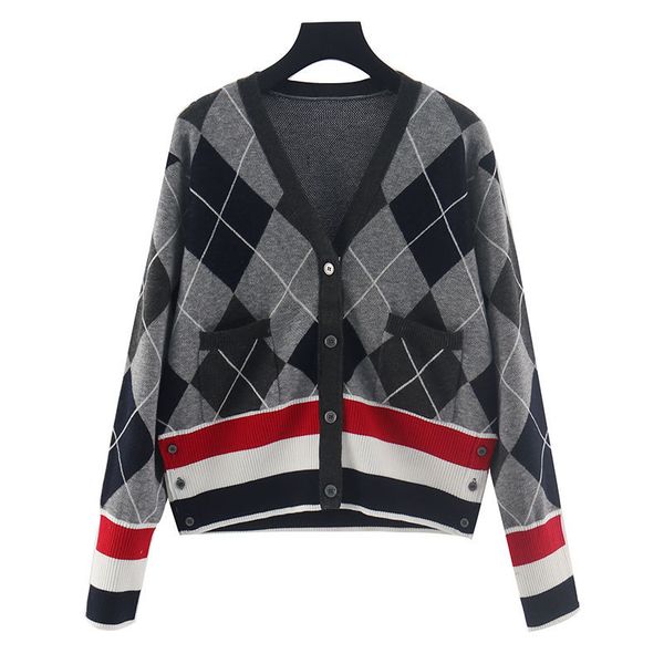 

autumn and winter tb four bar rhombic v-neck knitted cardigan three hem color stripe college style sweater coat lady, White;black