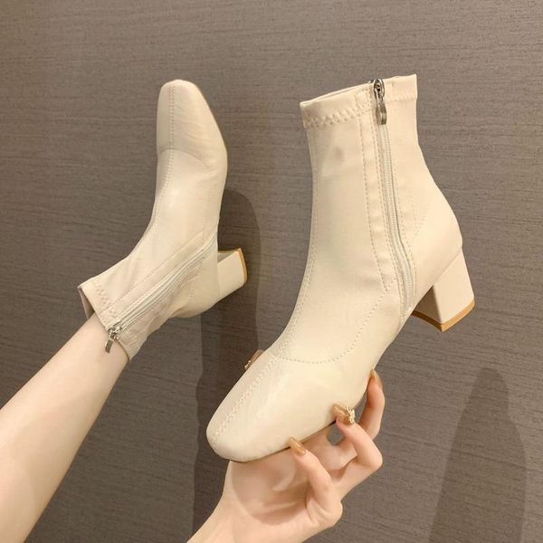 

boots europe 2021 elegant women fashion ankle short square toe platform shoes med (3cm-5cm) high quality, Black