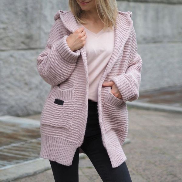 

women's knits & tees knitted cardigan coat autumn and winter fashion hooded solid loose sweater woman warm, White
