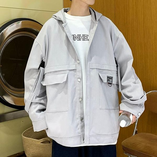 

men's jackets spring and autumn trend korean youth jacket long ribbons adorn sleeves loose casual hooded coat with big pockets, Black;brown