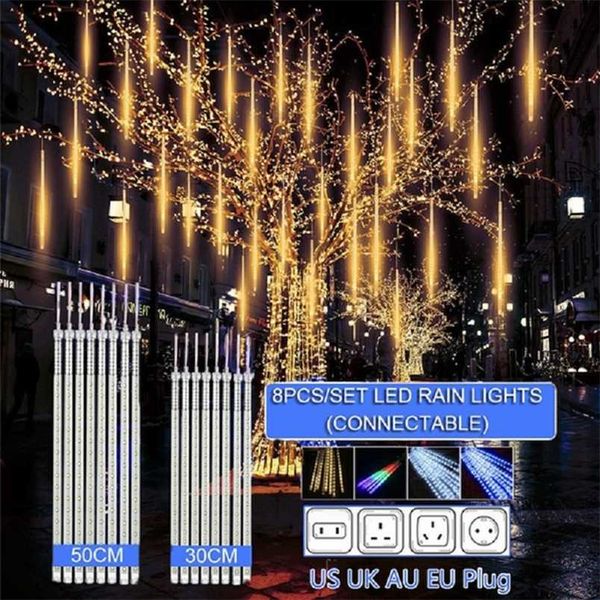 30cm / 50 cm EU / EUA / AU / BRITÂNICO Plugue impermeável meteor chuveiro chuva 8 tubo LED luzes de corda para férias ao ar livre Natal decoração árvore 211216