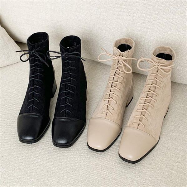 

boots 2021 autumn winter women ankle shoes solid black beige lace-up square toe rubber elegant fashion low heels 431