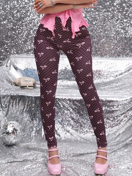 

bow and plaid print leggings a40g#, Black