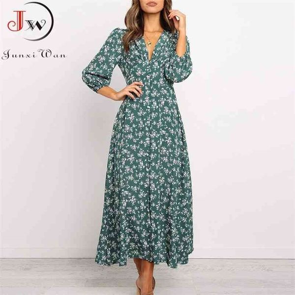 

women chiffon long dress floral print lantern sleeve a-line maxi vestidos autumn elegant vintage v neck winter dresses 210623, Black;gray