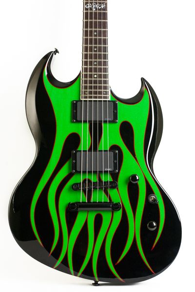 Seltene LTD James Hetfield Grynch Sparkle Green Flame SG E-Gitarre, 27-Zoll-Bariton-Mensur, White Pearl Dot Inlay, China EMG Pickups, schwarze Hardware