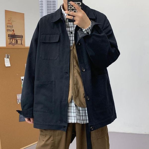 

2021 spring and autumn new youth fashion men's loose solid color chest small pocket jacket fashion casual black/green, Black;brown