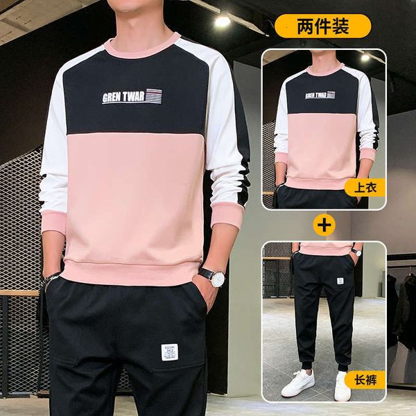 

autumn men's sports tracksuits and leisure suit trend fashion brand round collar wei clothes youth handsome two piece set, Gray
