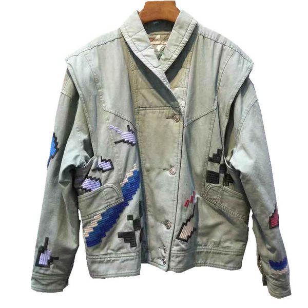 

2021 new embroidered pattern women's denim jacket fake two pieces removable sleeves short coat autumn winter e349, Black;brown