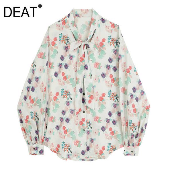 

[deat] spring summer fashion loose long sleeve single-breasted turn-down collar printing blouse women 13q346 210527, White
