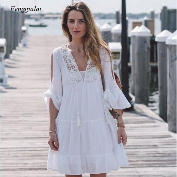 

women's swimwear 2021 summer white lace patchwork beach skirt party off-the-shoulder holiday dress, White;black