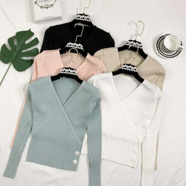 

women's sweaters qiu dong crossover v-neck low-cut cultivate morality show thin long sleeve short tight knit sweater render frock, White;black