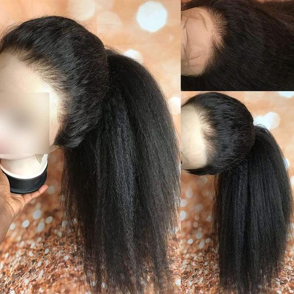 

lace wigs silk full wig remy peruvian human hair kinky straight natural color base front 150 density, Black;brown