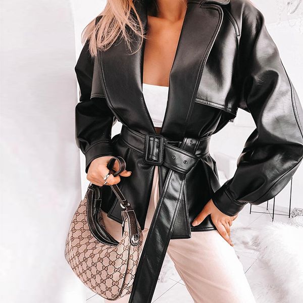 

2021 new women autumn faux pu coat winter leisure bodyish jacket black cool outerwear female leather coats bm44, Black;brown