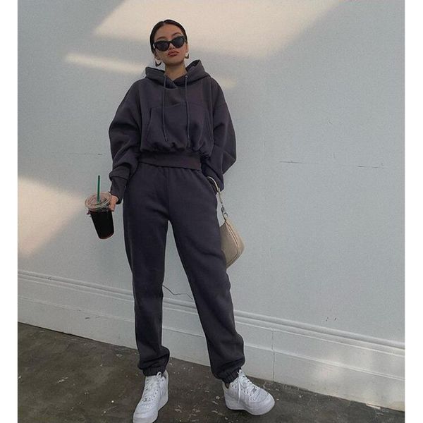 

women's two piece pants streetwear women joggers 2 sets hooded sweatshirt set tracksuit fleece outfits sweatpants autumn winter, White