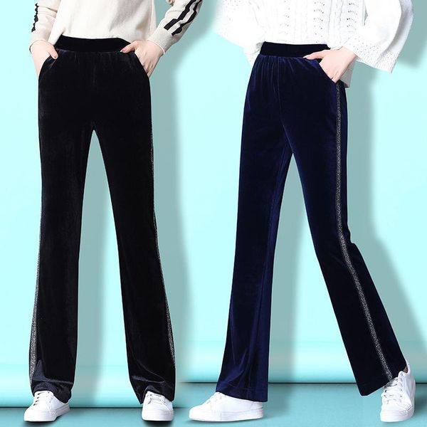 

women's pants & capris 2021 women sport casual fall velvet side striped high waist trousers loose wide leg female sweatpant p9463, Black;white