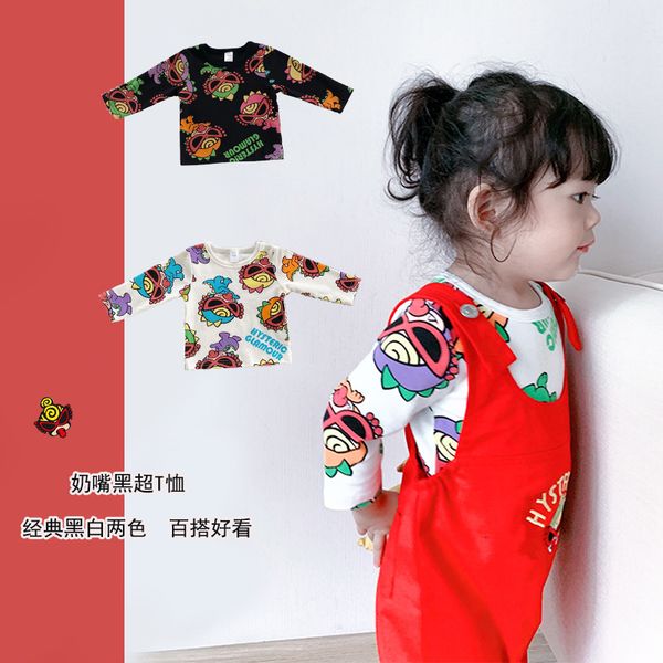 

spring brother 2021 new etx715 korean enzo younger children's black super round neck t-shirt long sleeve, Black;white